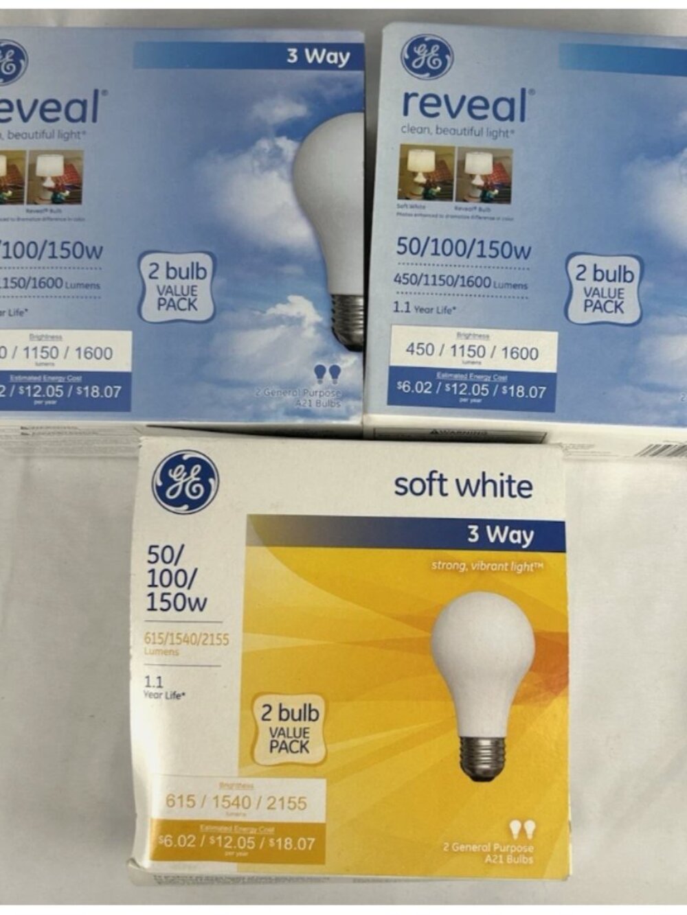 GE Reveal & Soft White 3 Way 50-100-150 Watts 6 Light Bulbs NEW IN BOX Old Style
